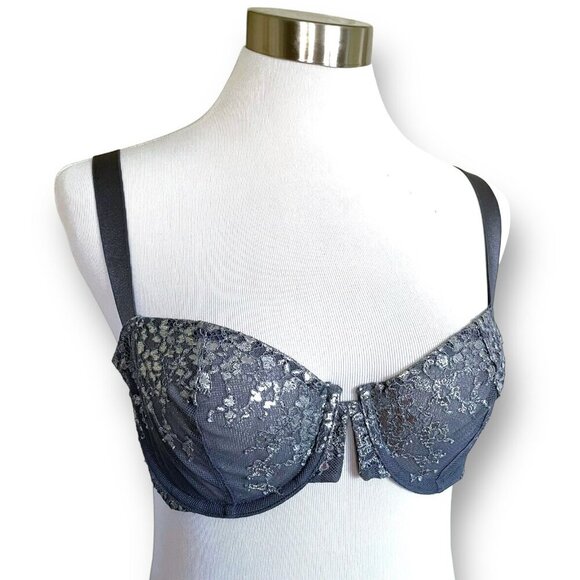 Victorias Secret 34C Bra Gray Metallic Silver Lace Very Sexy Unlined Balconette - Picture 1 of 7